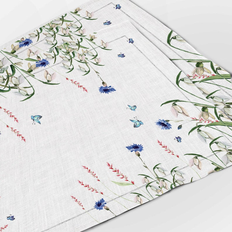 Kornblumen Tischsets aus Leinen, florale Tischdekoration, 32 x 48 cm, 240 g/m²