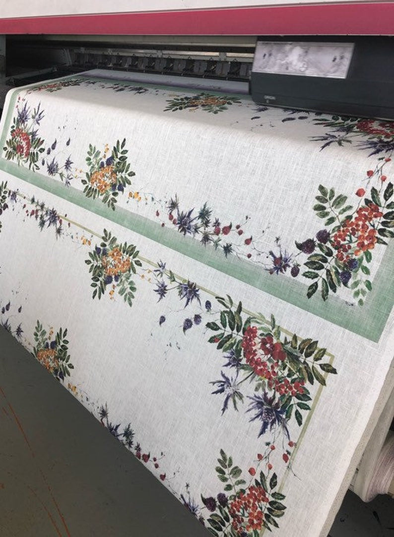 Leinen Tischläufer mit Sanddorn-Print, schwerer Leinenstoff, Bauernhaus-Dekor