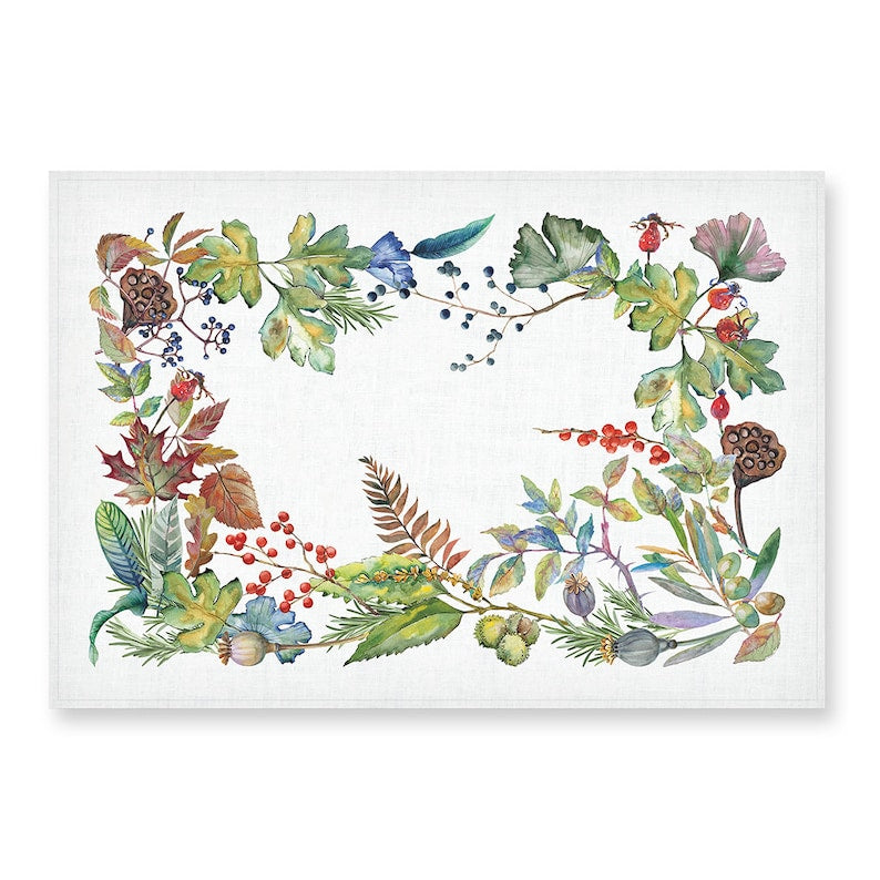 Leinen Tischsets im Set, botanischer Herbst-Druck, 32 x 48 cm