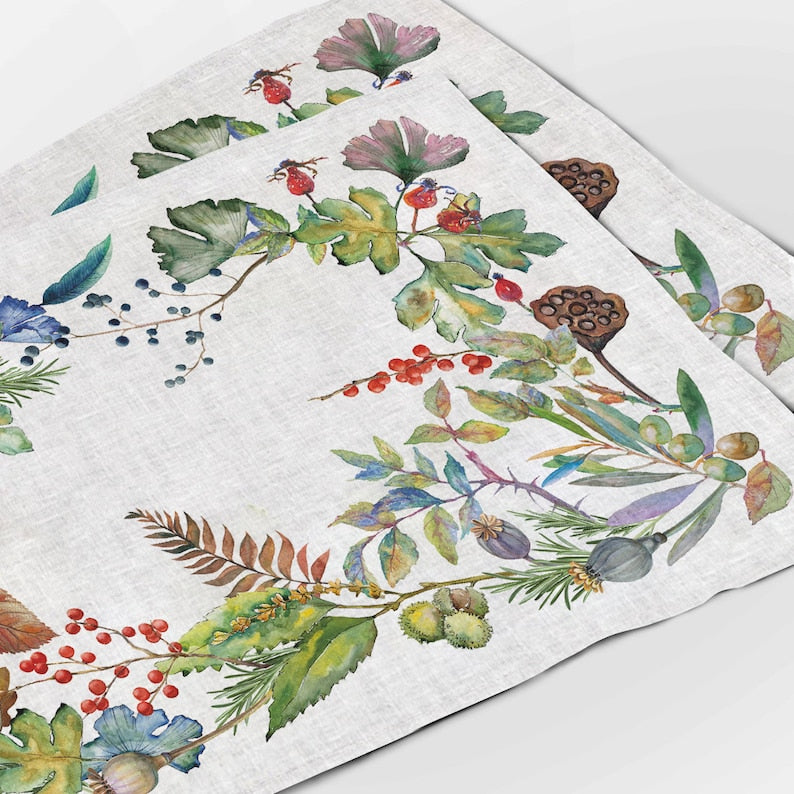 Leinen Tischsets im Set, botanischer Herbst-Druck, 32 x 48 cm