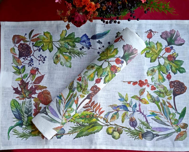 Leinen Tischsets im Set, botanischer Herbst-Druck, 32 x 48 cm
