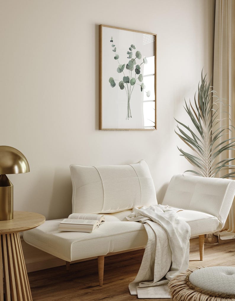 Minimalistische Wanddekoration, 3er-Set Kunstdrucke mit Eukalyptus und Olivenzweigen in Hellgrün