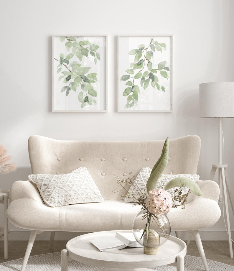 Botanische Aquarelldrucke im Set mit 2 minimalistischen Blättern in Salbeigrün, Fine Art Paper