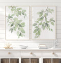 Botanische Aquarelldrucke im Set mit 2 minimalistischen Blättern in Salbeigrün, Fine Art Paper