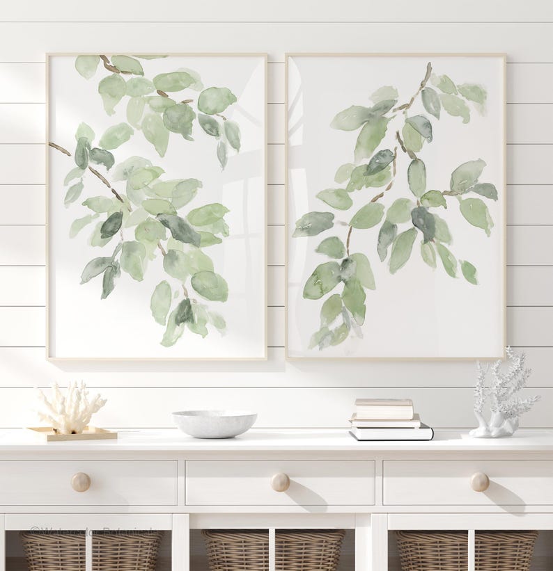 Botanische Aquarelldrucke im Set mit 2 minimalistischen Blättern in Salbeigrün, Fine Art Paper