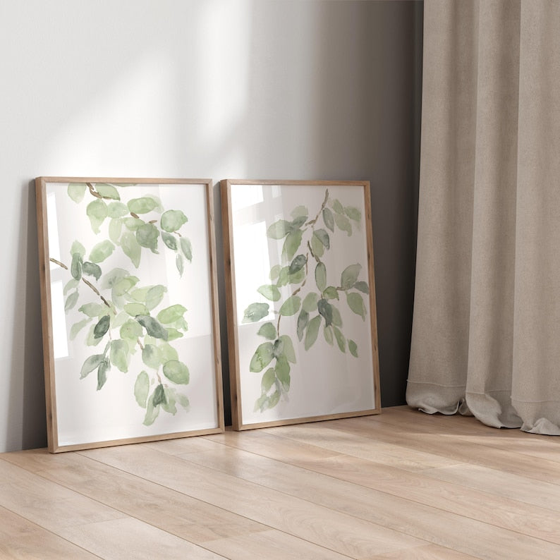 Botanische Aquarelldrucke im Set mit 2 minimalistischen Blättern in Salbeigrün, Fine Art Paper