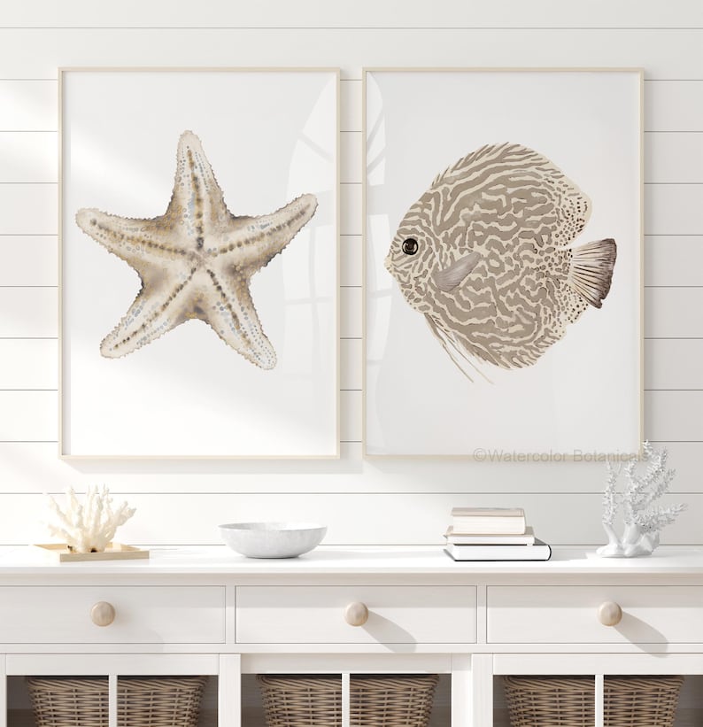 Küsten Wand Kunst 2er Set – Beige Seesterne & Diskusfische, Fine Art Papier, 280 g/m², Hamptons Stil