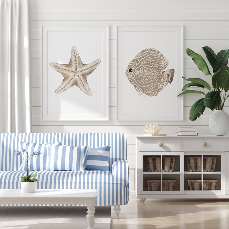 Küsten Wand Kunst 2er Set – Beige Seesterne & Diskusfische, Fine Art Papier, 280 g/m², Hamptons Stil