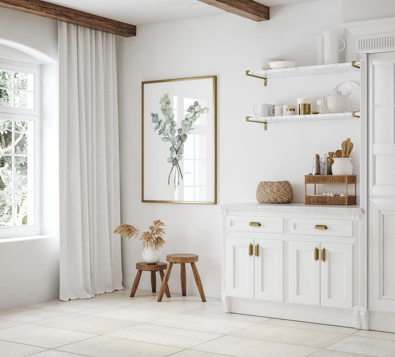 Minimalistische Wanddekoration, 3er-Set Kunstdrucke mit Eukalyptus und Olivenzweigen in Hellgrün