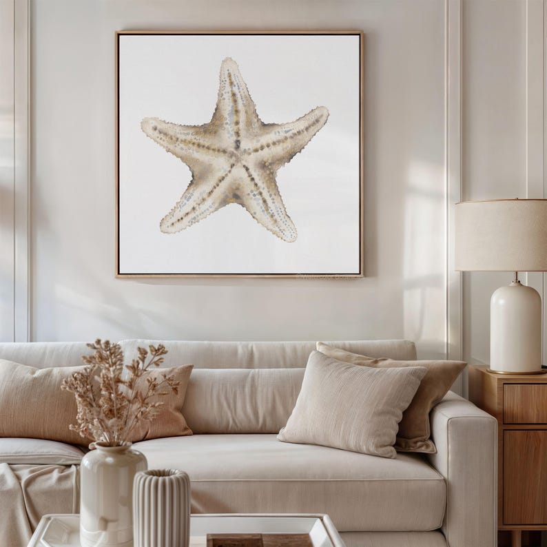 Küsten Wand Kunst 2er Set – Beige Seesterne & Diskusfische, Fine Art Papier, 280 g/m², Hamptons Stil
