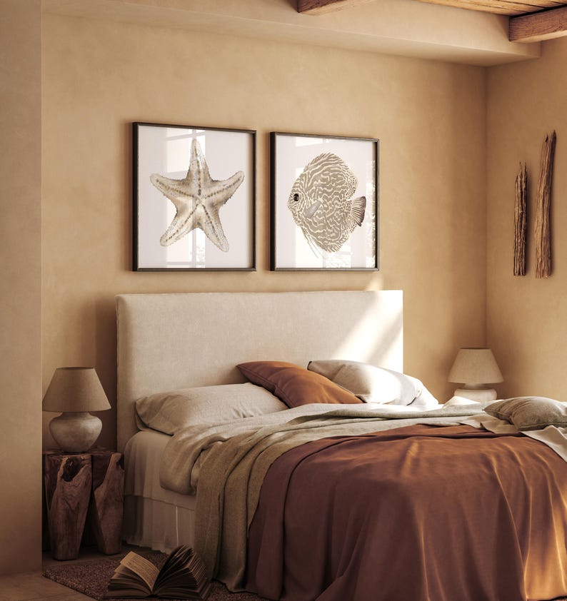 Küsten Wand Kunst 2er Set – Beige Seesterne & Diskusfische, Fine Art Papier, 280 g/m², Hamptons Stil