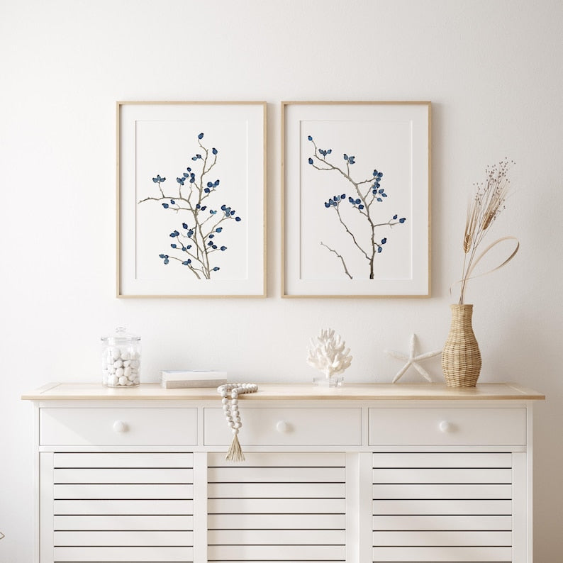 Minimalistische blaue botanische Wandkunst - oder Schlafzimmer