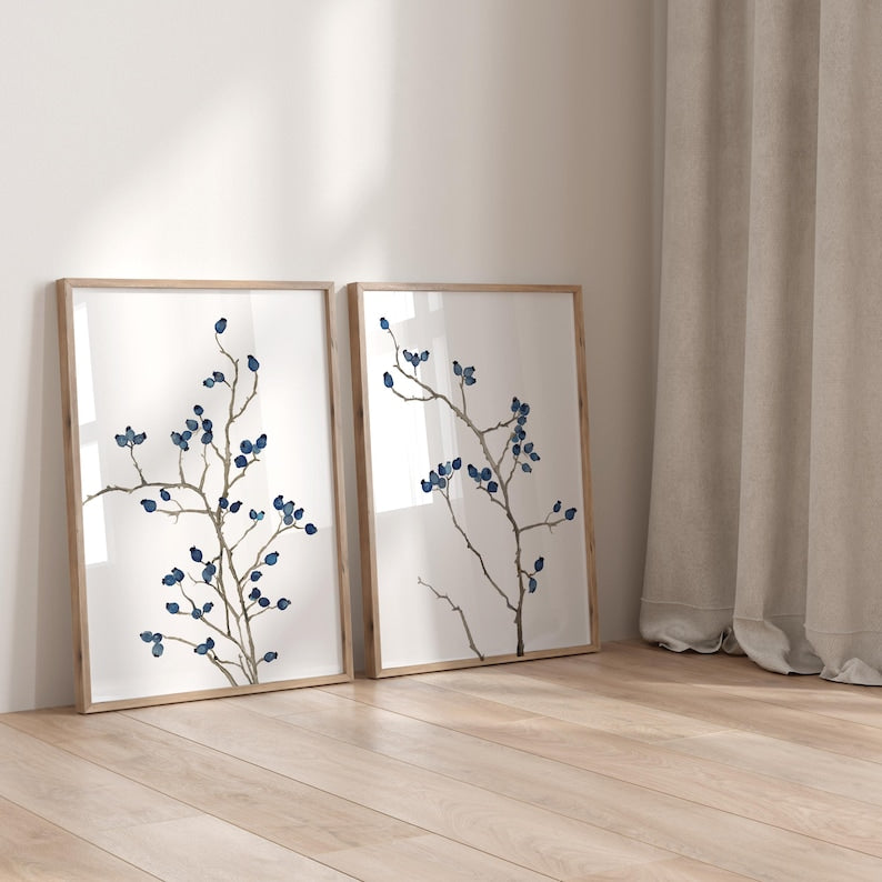 Minimalistische blaue botanische Wandkunst - oder Schlafzimmer
