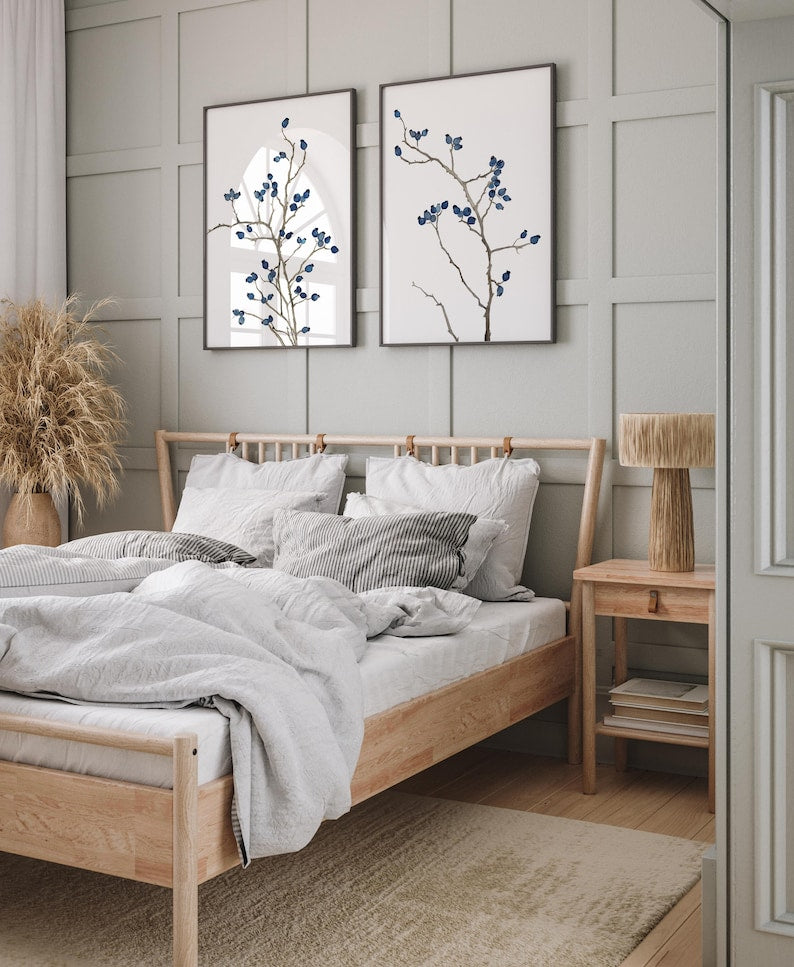 Minimalistische blaue botanische Wandkunst - oder Schlafzimmer