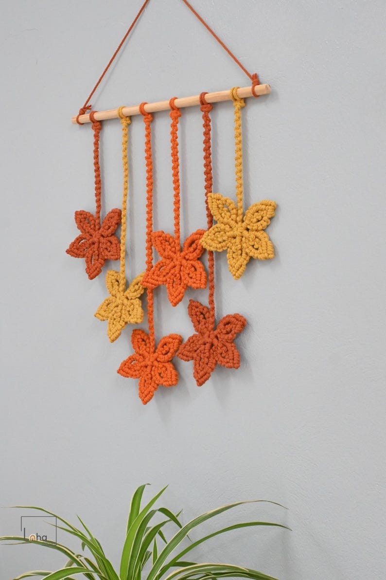Makramee Blatt Wandbehang aus Baumwollschnur, handgefertigt, 45 cm breit, 50 cm hoch