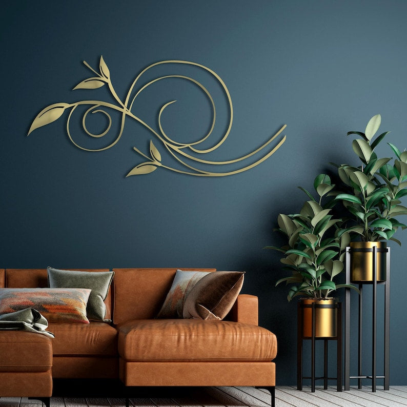 Luxuriöse minimalistische Metall-Wandkunst – botanische Blatt- und Rankenskulptur, moderne abstrakte Wanddekoration