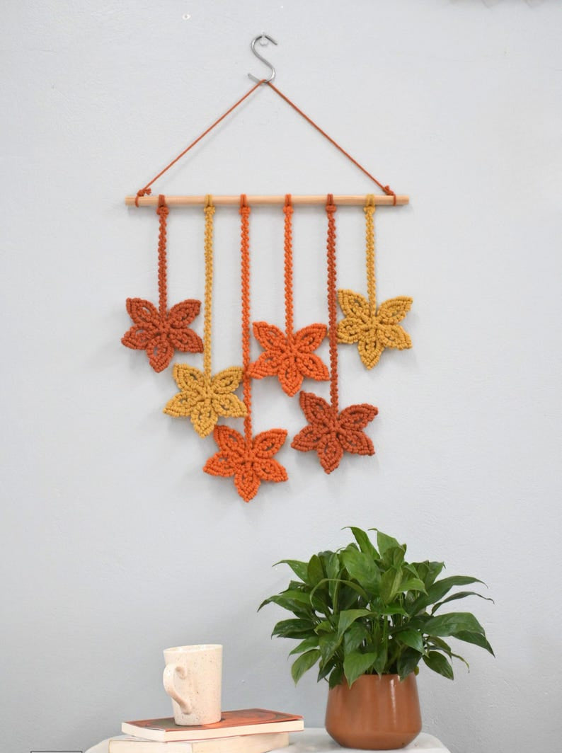 Makramee Blatt Wandbehang aus Baumwollschnur, handgefertigt, 45 cm breit, 50 cm hoch