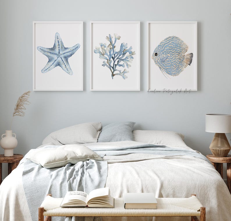 Küsten-Wandkunst 3er-Set – lbeanfisch, Koralle & Seestern, Fine-Art-Aquarellpapier
