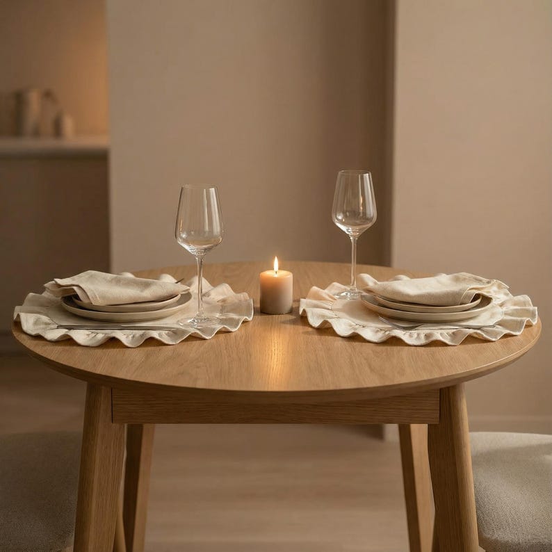 Runde Tischsets mit Rüschen, gewebt aus Leinen und Baumwolle, waschbar, Bauernhaus-Stil