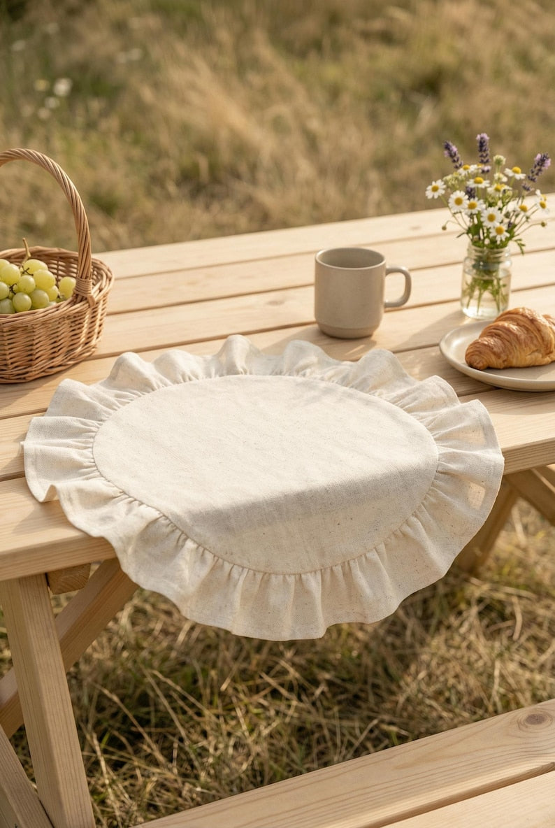 Runde Tischsets mit Rüschen, gewebt aus Leinen und Baumwolle, waschbar, Bauernhaus-Stil