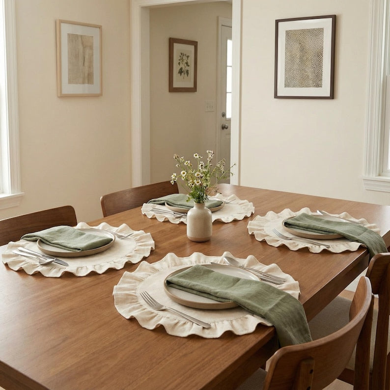 Runde Tischsets mit Rüschen, gewebt aus Leinen und Baumwolle, waschbar, Bauernhaus-Stil