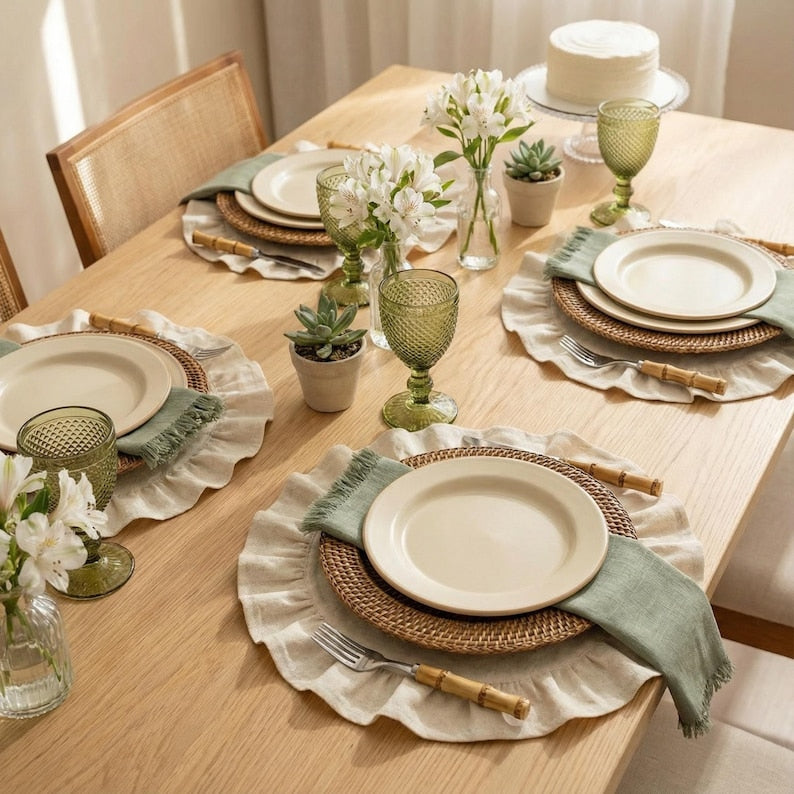 Runde Tischsets mit Rüschen, gewebt aus Leinen und Baumwolle, waschbar, Bauernhaus-Stil