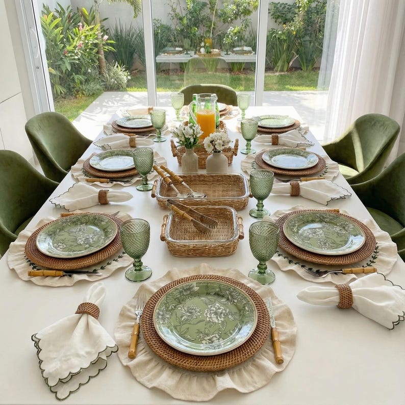 Runde Tischsets mit Rüschen, gewebt aus Leinen und Baumwolle, waschbar, Bauernhaus-Stil