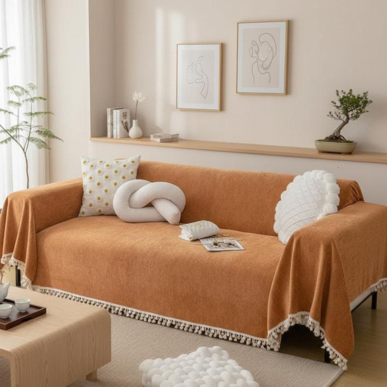 Moderner Chenille-Sofabezug, weicher, kratzfester Sofaüberwurf im Boho-Stil