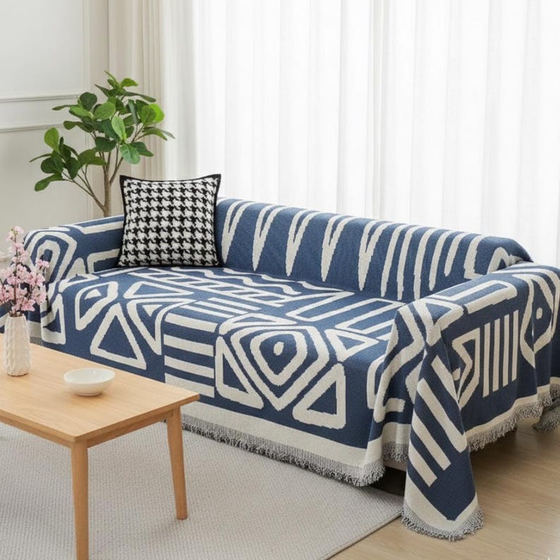 Boho Scandi Sofaüberwurf aus Chenille mit geometrischem Ethno-Muster, Schutzbezug für Sofa und Couch