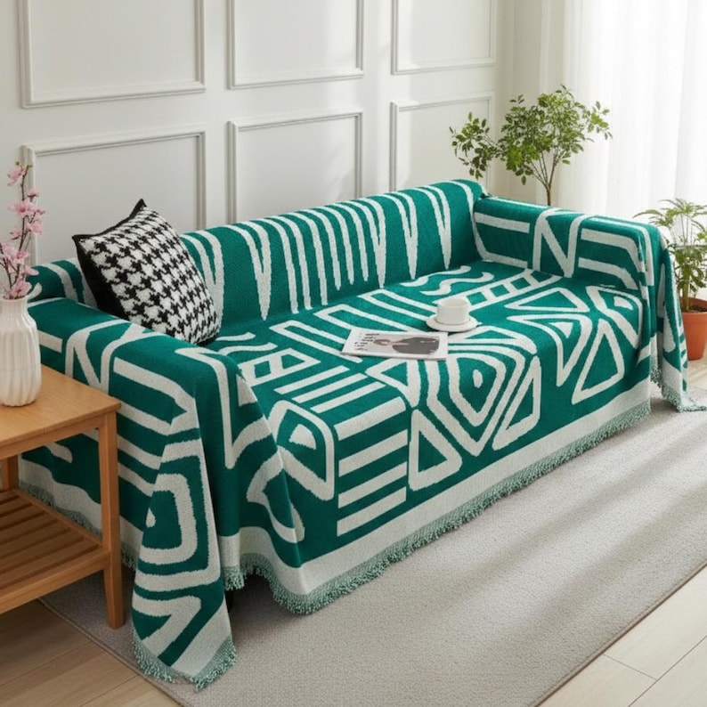 Boho Scandi Sofaüberwurf aus Chenille mit geometrischem Ethno-Muster, Schutzbezug für Sofa und Couch