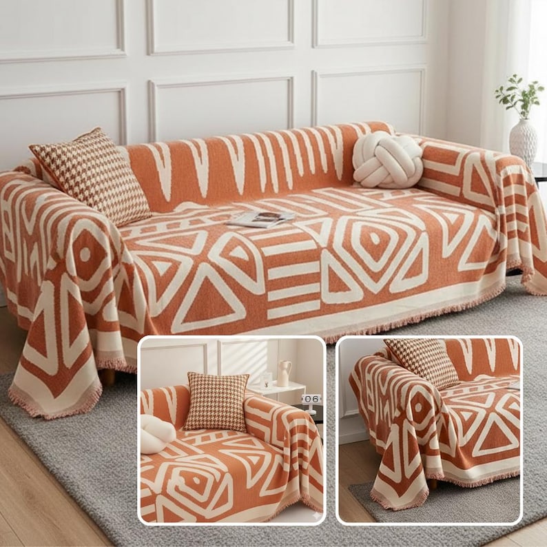 Boho Scandi Sofaüberwurf aus Chenille mit geometrischem Ethno-Muster, Schutzbezug für Sofa und Couch