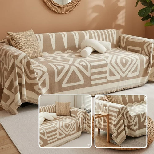 Boho Scandi Sofaüberwurf aus Chenille mit geometrischem Ethno-Muster, Schutzbezug für Sofa und Couch