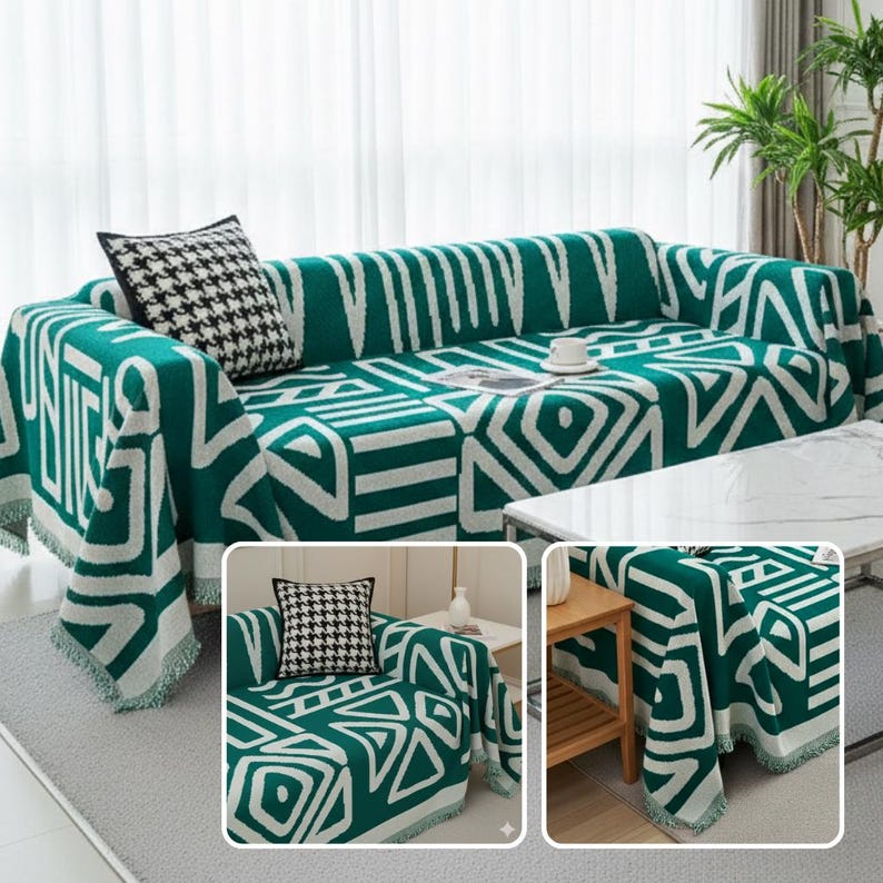 Boho Scandi Sofaüberwurf aus Chenille mit geometrischem Ethno-Muster, Schutzbezug für Sofa und Couch