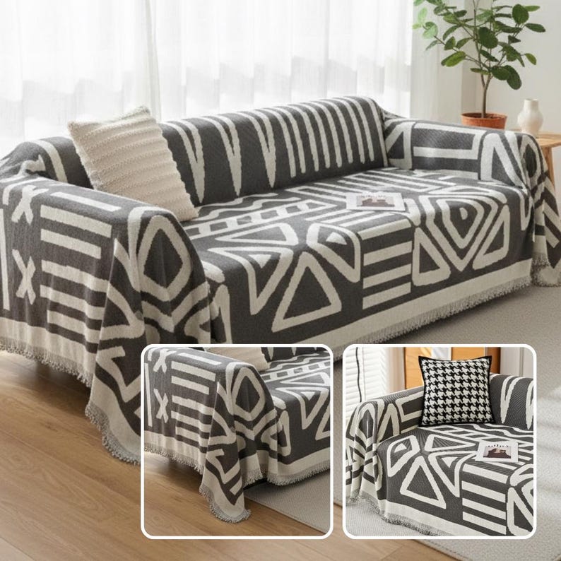 Boho Scandi Sofaüberwurf aus Chenille mit geometrischem Ethno-Muster, Schutzbezug für Sofa und Couch