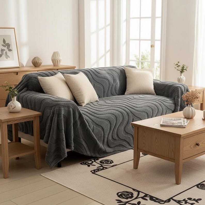 Minimalistischer Sofaüberzug aus Baumwollplüsch mit Wellenmuster, Anti-Kratzer-Möbelschutz