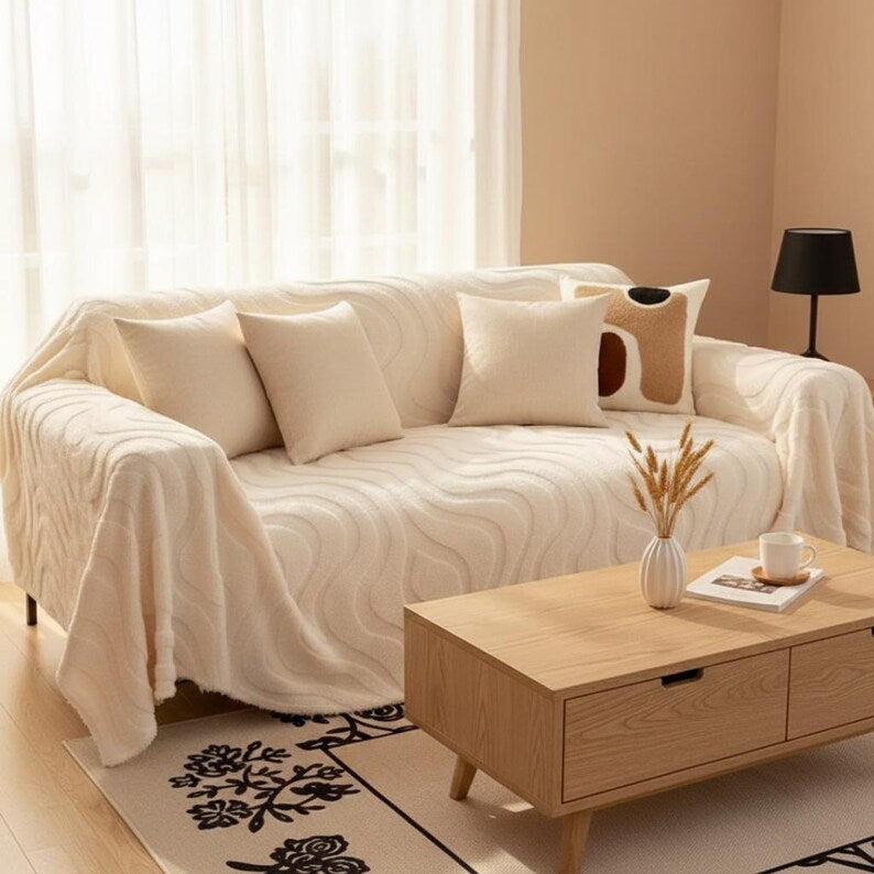 Minimalistischer Sofaüberzug aus Baumwollplüsch mit Wellenmuster, Anti-Kratzer-Möbelschutz