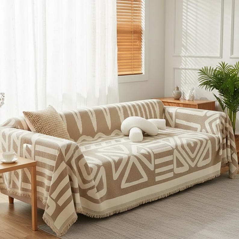 Boho Scandi Sofaüberwurf aus Chenille mit geometrischem Ethno-Muster, Schutzbezug für Sofa und Couch