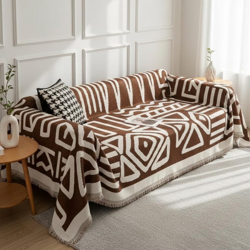 Boho Scandi Sofaüberwurf aus Chenille mit geometrischem Ethno-Muster, Schutzbezug für Sofa und Couch