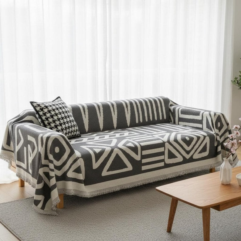 Boho Scandi Sofaüberwurf aus Chenille mit geometrischem Ethno-Muster, Schutzbezug für Sofa und Couch