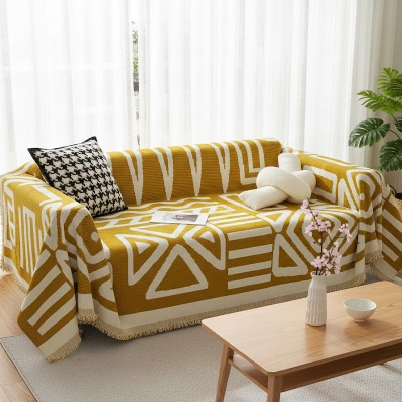 Boho Scandi Sofaüberwurf aus Chenille mit geometrischem Ethno-Muster, Schutzbezug für Sofa und Couch