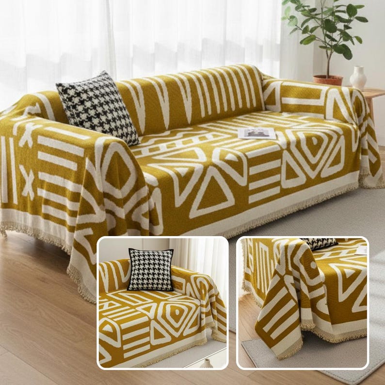 Boho Scandi Sofaüberwurf aus Chenille mit geometrischem Ethno-Muster, Schutzbezug für Sofa und Couch