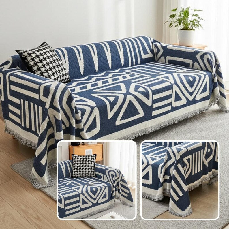 Boho Scandi Sofaüberwurf aus Chenille mit geometrischem Ethno-Muster, Schutzbezug für Sofa und Couch