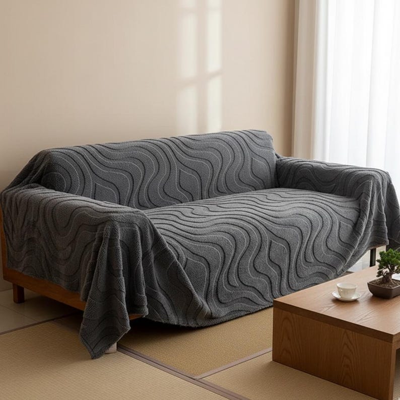 Minimalistischer Sofaüberzug aus Baumwollplüsch mit Wellenmuster, Anti-Kratzer-Möbelschutz