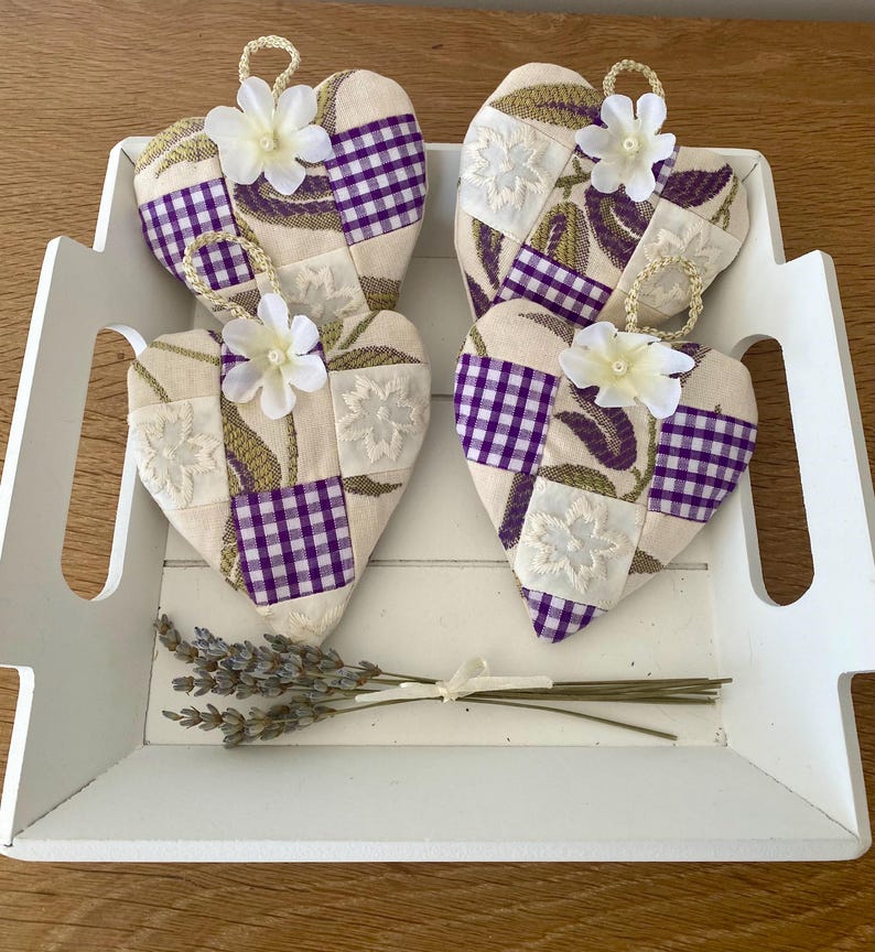 Vintage Patchwork-Lavendelherzen, 2er-Set, handgefertigt, 9,5 cm x 10 cm