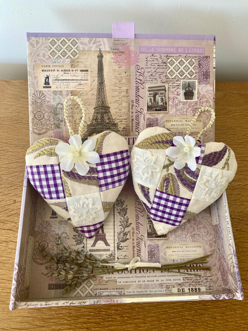 Vintage Patchwork-Lavendelherzen, 2er-Set, handgefertigt, 9,5 cm x 10 cm