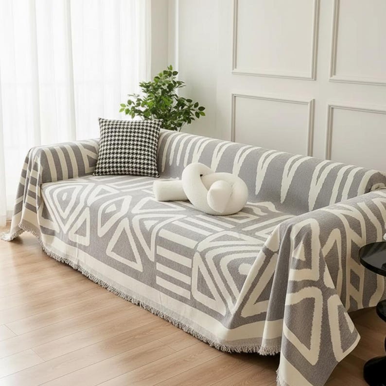 Boho Scandi Sofaüberwurf aus Chenille mit geometrischem Ethno-Muster, Schutzbezug für Sofa und Couch