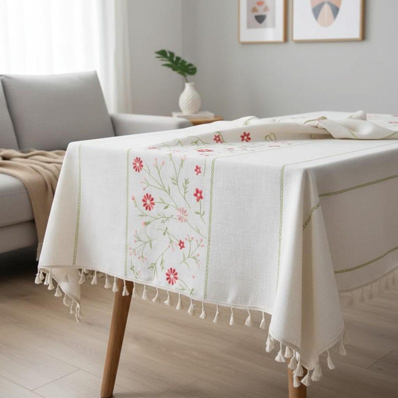 Bestickte Leinen-Baumwoll-Tischdecke mit botanischem Motiv und Quastenrändern