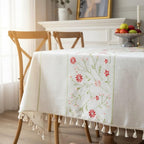Bestickte Leinen-Baumwoll-Tischdecke mit botanischem Motiv und Quastenrändern