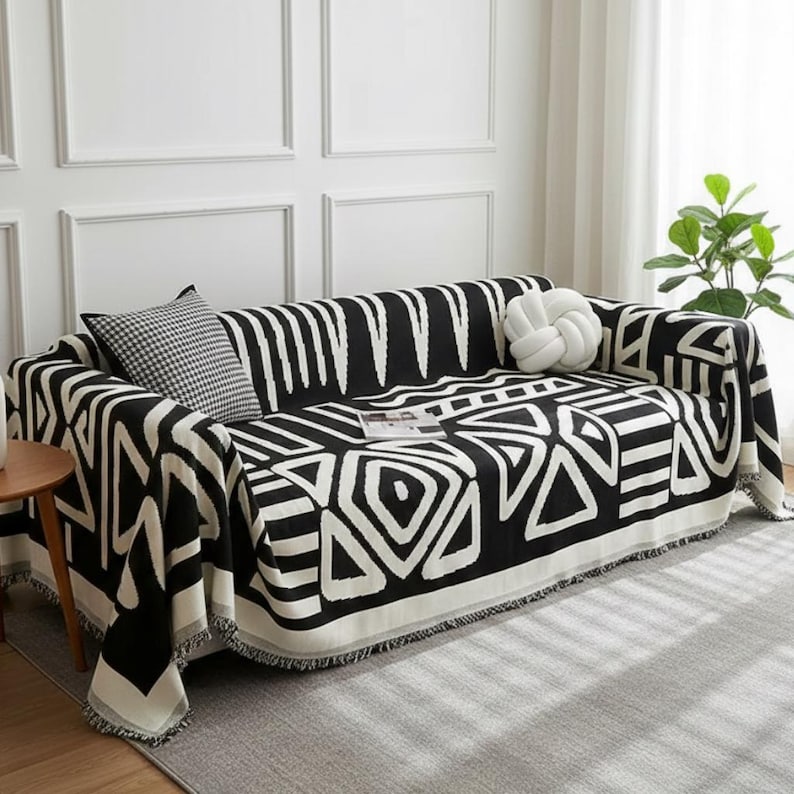Boho Scandi Sofaüberwurf aus Chenille mit geometrischem Ethno-Muster, Schutzbezug für Sofa und Couch