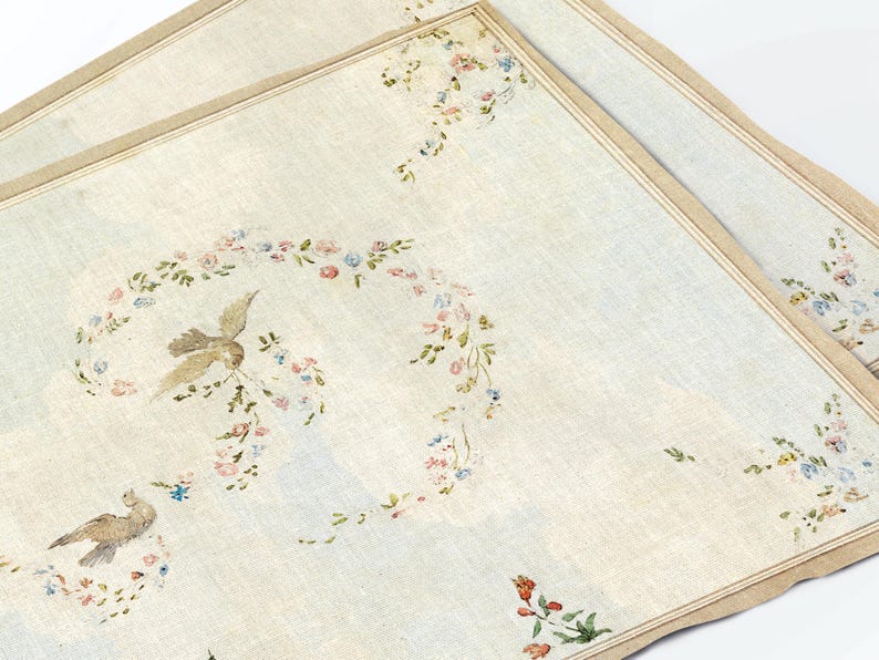 Leinen Tischset-Set „Tauben und Blumengirlanden“, Vintage Tischdeko, 32 × 48 cm